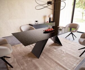 Jedálenský stôl Edge 180-220x100 reliéfne sklo dymovo čierna 3D dizajn