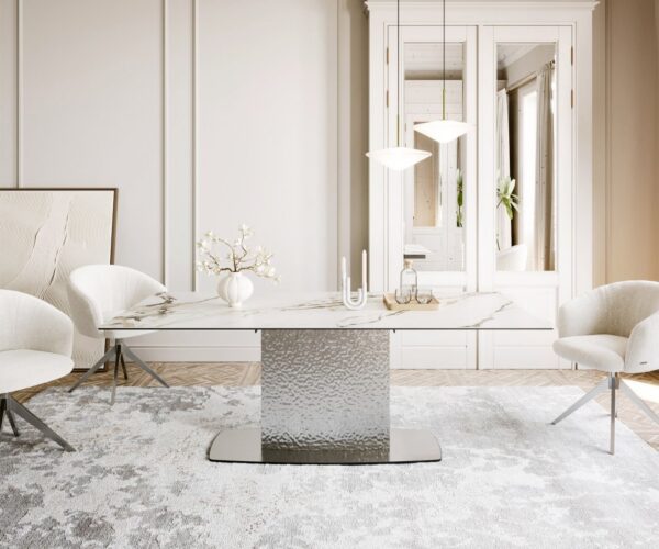 Jedálenský stôl Edge zaoblený 200x100 keramika Calacatta Luxe bielo – Obrázok 2