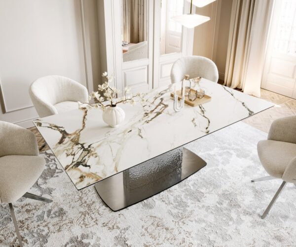 Jedálenský stôl Edge zaoblený 200x100 keramika Calacatta Luxe bielo – Obrázok 4