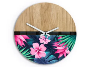 Drevené nástenné hodiny Flower 33 cm dub prírodný/ružové