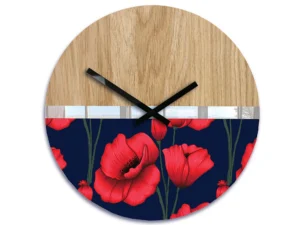 Drevené nástenné hodiny Máky 33 cm dub prírodný/červený