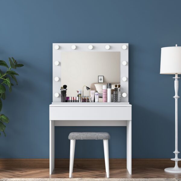 Minimalistický toaletný stolík Alisson III s LED zrkadlom a taburetom biely