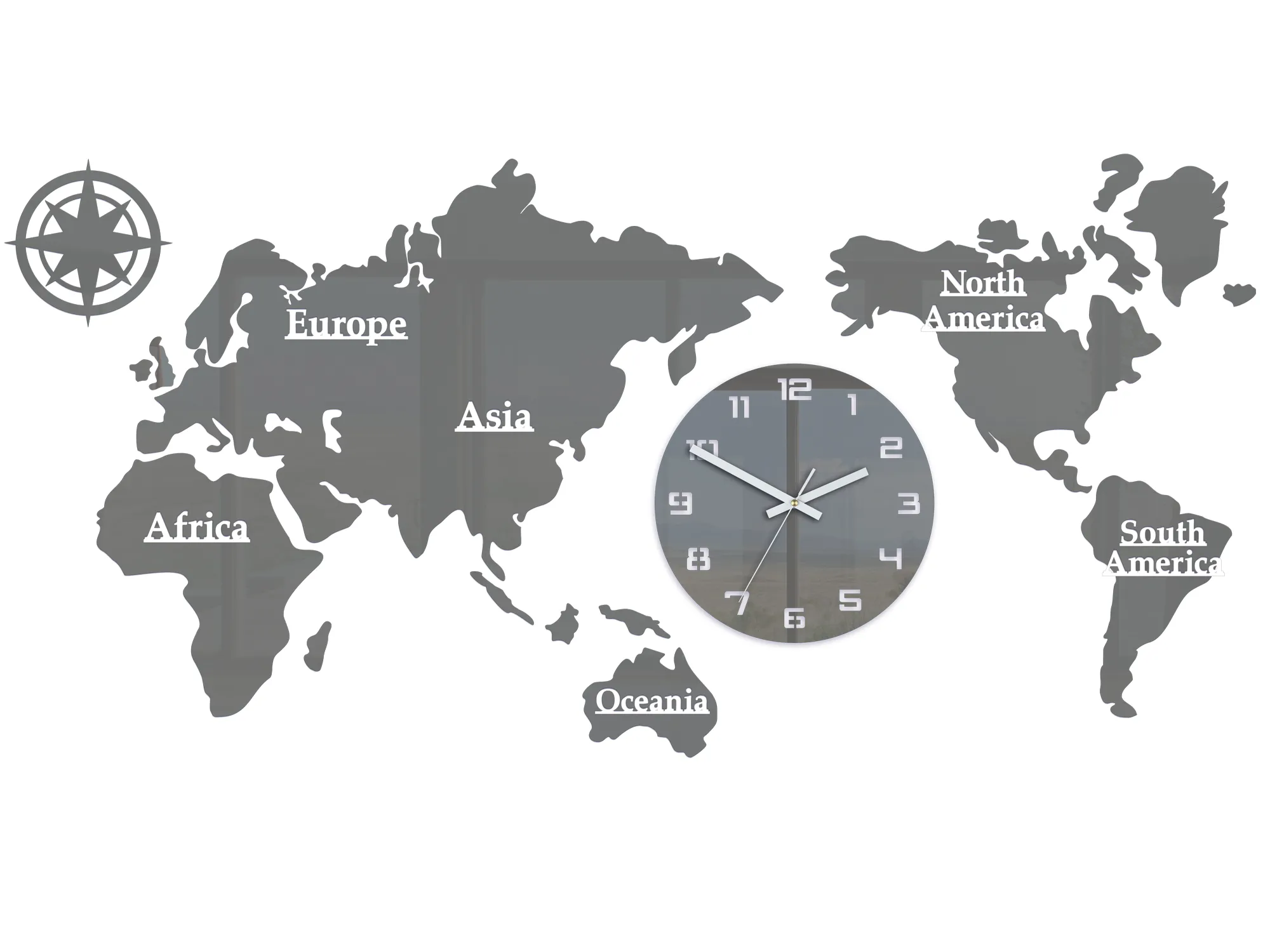 Nástenné samolepiace hodiny Mapa sveta 110x55 cm sivé