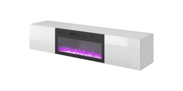Závesný TV stolík LICO s krbom 180 cm biely