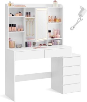 Toaletní stolek Vasagle Ginny 117 cm s LED osvětlením bílý