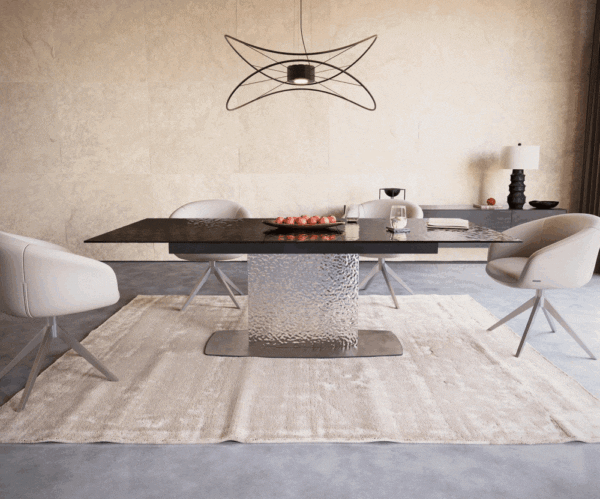 Jedálenský stôl Edge 180-220x100 reliéfne sklo dymovo čierna 3D dizajn – Obrázok 2